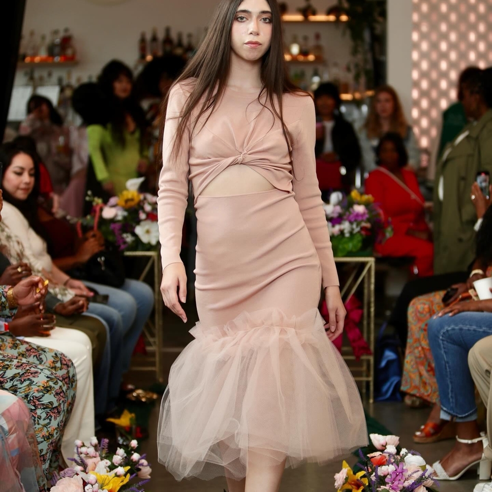 Upcycled Nude Long Sleeve, Cutout Dress w/Tulle Skirt